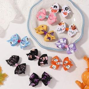 8-piece Halloween grosgrain ribbon hair bow set with pumpkin and ghost patterns