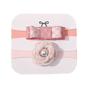 Baby headband set with pink bow and white camellia flower with pearl on nylon elastic