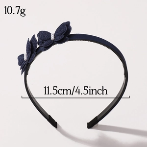 Dark blue headband with cloth butterflies and pearls showing 11.5cm size and 10.7g weight