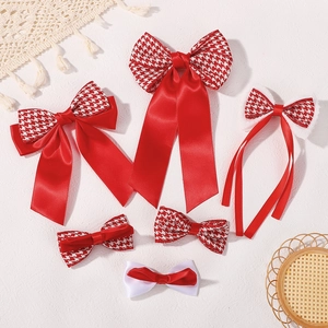 Classic red double-layer satin bow hair clips with houndstooth patterns for girls