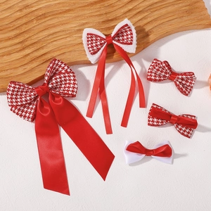 5-pack double-layered red and white ribbon bow hair clips with long streamers and houndstooth