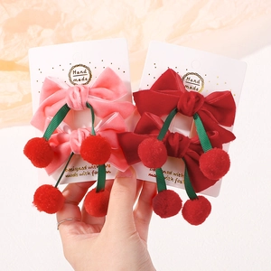 Barrettes à nœuds en velours cerise avec pompons pour filles, rouge et rose