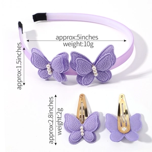 Ensemble serre-tête et pinces à cheveux papillon violet pastel pour filles avec dimensions