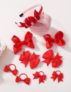 Detailed set of 9 red ribbon bow hair clips and a headband with pearls for girls