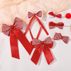 Kids Double Layer Ribbon Bow Hair Clip Red White Houndstooth Satin Streamer Alligator Clip Princess Cute Hair Accessories