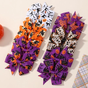 Halloween ribbon bow hair clips set with pumpkin witch and bat patterns for kids