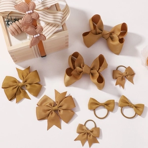 9-piece golden grosgrain ribbon bow hair clips and elastic headbands set for girls