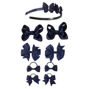 9-piece navy blue hair accessory set for girls featuring bows, pearls, and a headband
