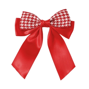 Double-layer satin bow hair clip with red houndstooth pattern for girls