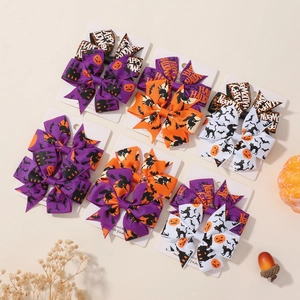Set of 6 pairs Halloween bow hair clips with pumpkin witch and black cat patterns