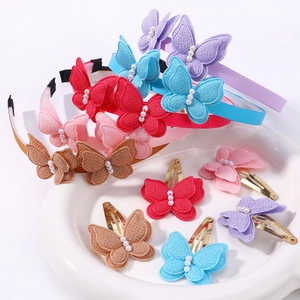 Accessoire Cheveux Papillon Double Couche pour Enfants Serre-tête en Tissu Brodé Et Barrettes Avec Imitation Künstliche Perle Filles Princesse Mignon