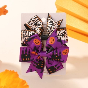 Halloween bow hair clips set featuring pumpkin and castle prints for party hair decor