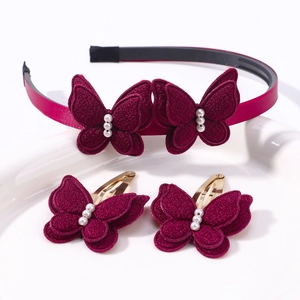 Parure de cheveux papillon rouge foncé avec serre-tête, barrettes et perles fines