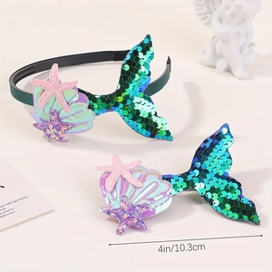 Serre-tête sirène pour enfants avec queue de poisson à paillettes et coquillage brillant