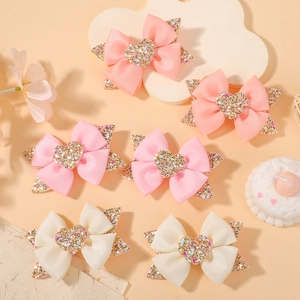 Lot de 6 pinces à cheveux noeud rose et blanc avec détails coeur pailleté pour filles