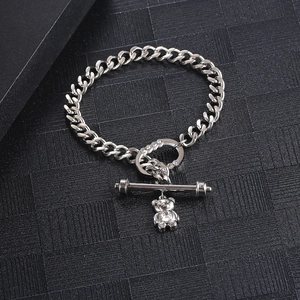 Silver cuban chain bracelet with OT buckle and rhinestone bear pendant for men and women