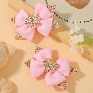Détails de pinces à cheveux à nœuds roses avec cœurs pailletés et étoiles pour filles