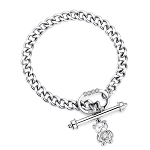 Hip Hop Titanium Steel Cuban Link Bracelet Men Women Silver Tone Rhinestone Bear Pendant OT Buckle Fashion Jewelry