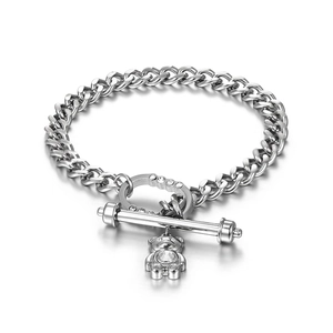 Polished stainless steel Cuban chain bracelet with OT clasp and sparkling teddy bear pendant