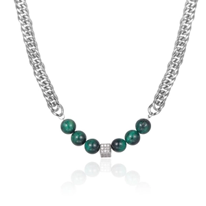 Collier Hip Hop en Acier Titane Maille Gourmette Avec Perles Oeil de Tigre Vert et Pendentif Carré en Strass Bijoux