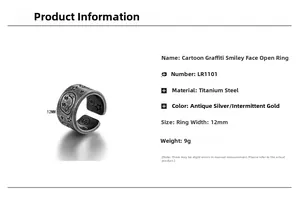 Detail showing 12mm wide titanium steel ring with antique silver smiley face and star graffiti