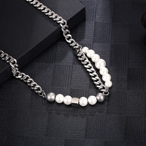 Hip-hop cuban link necklace with white pearls and square charms in silver-tone metal