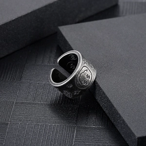 Vintage graffiti smiley face ring in distressed titanium steel with an adjustable open band