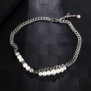 Hip hop style double-layer splicing necklace with silver cuban chain and white pearls