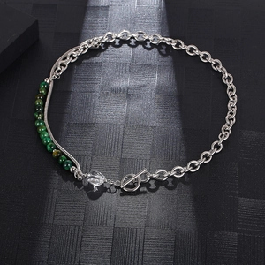 Industrial style double-layer jade stone titanium steel necklace with toggle clasp