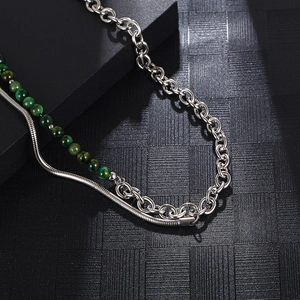 Chinese style titanium steel layered necklace with jade stone and silver chain links