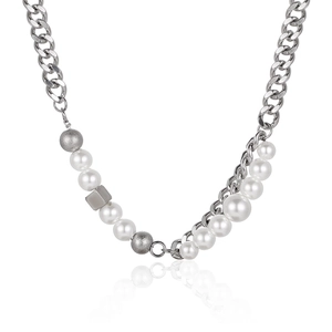 Hip Hop 3D Cube Artificial Pearl Necklace Stainless Steel Cuban Chain Patchwork Design Clavicle Chain Jewelry For Men Women Accessory