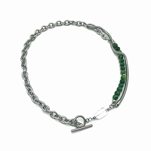 Ethnic style dual-layer necklace with green jade beads and silver titanium steel chain