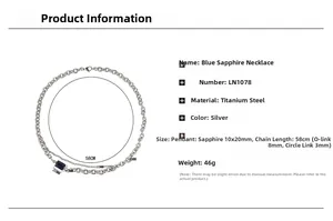 Macro view of blue sapphire titanium necklace with detailed size and chain specs