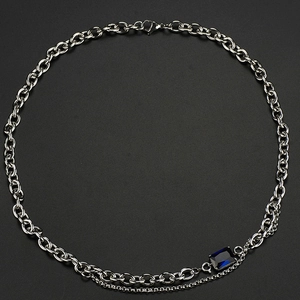 Double-layered silver titanium steel necklace featuring a rectangular sapphire gemstone