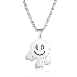 Collana con Pendente Faccina Sorridente Cartoon Hip Hop in Acciaio al Titanio Uomo Donna Argento Lucidato Gioielli