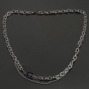 Double-layer silver titanium steel necklace with rectangular sapphire pendant for unisex