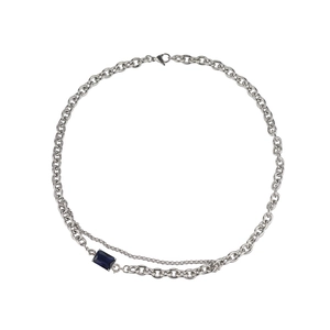 Double-layer silver titanium steel necklace with rectangular blue sapphire pendant