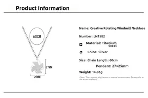 Detailed specs of the rotating windmill pendant in silver titanium steel with 60cm chain