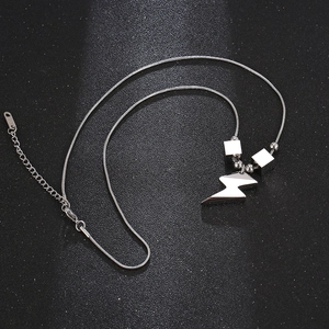 Unisex titanium steel snake chain necklace with lightning bolt and square block pendant