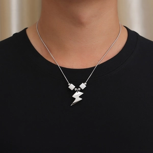 Unisex titanium steel lightning pendant necklace with square beads on snake chain