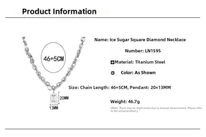Detailed view of square zircon pendant and titanium steel chain dimensions for hip hop style