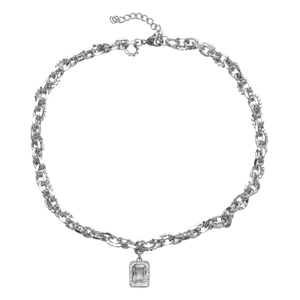 Hip hop silver thick chain necklace with square crystal pendant and cuban links