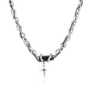 Collier Double Chaîne En Acier Titane Avec Pierre Noire Pendentif Étoile Croix Bijoux Gothic Punk Hip Hop Pour Homme Femme