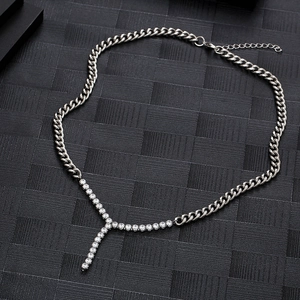 Chaîne cubaine en acier titane argenté hip-hop avec pendentif en zircon étincelant en Y