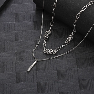 Double-layered silver titanium steel necklace with paperclip chain and zircon pendant