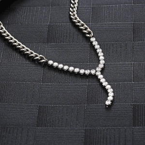 Collier hip hop en Y argenté avec chaîne cubaine, chaîne tennis et zircons brillants
