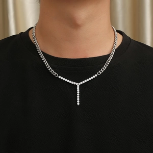 Collier Y en maille cubaine argentée avec pavé de strass étincelants pour mode de rue