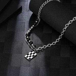 Double-layered stainless steel necklace with checkerboard pendant and marble beads