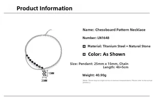 Detail view of double-layer titanium steel necklace with black white enamel checkerboard