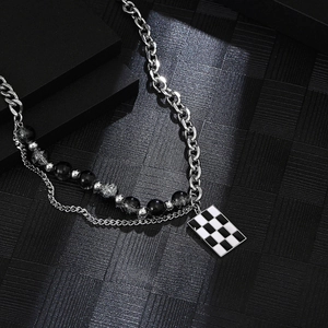 Double-layered titanium steel necklace featuring checkered enamel pendant and beads
